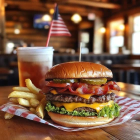 Amerikanischer Burger mit Pommes und einem Getränke im Hintergrund