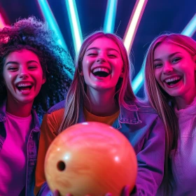 drei Personen halten eine Bowlingkugel in der Hand und freuen sich