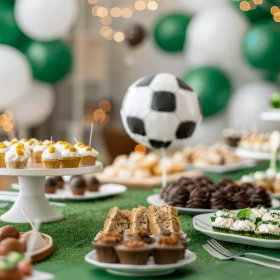Geburtstagstisch mit grüner Dekoration und Fußball-Motiven, Kuchen