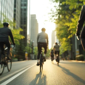 Fahrradfahrer fahren durch eine Stadt mit Hochäusern