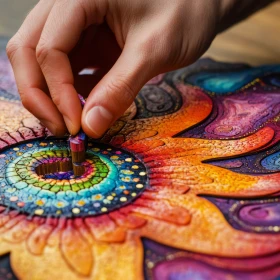 eine Person setzt einen bunten Stein in ein Mosaik