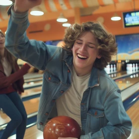 Person hält eine Bowlingkugel in der Hand und jubelt