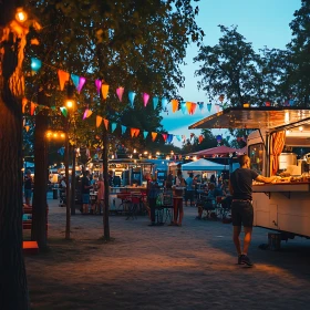 Marktfest, Stände mit Speisen und Getränken, bunte Wimpelketten