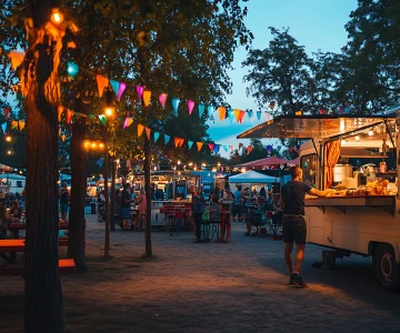 Marktfest, Stände mit Speisen und Getränken, bunte Wimpelketten
