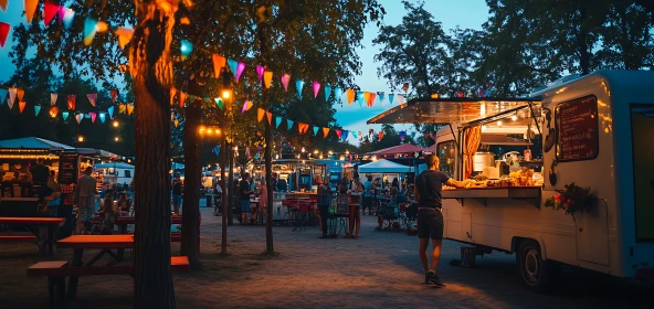 Marktfest, Stände mit Speisen und Getränken, bunte Wimpelketten