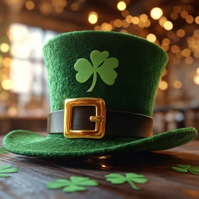 irischer Hut mit Kleeblatt in grün auf einem Holztisch