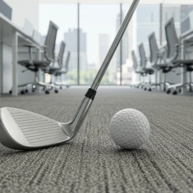 Golfschläger und Golfball auf einem Teppich in einem Büro