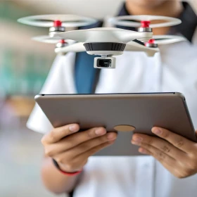 Mann steuert Drohne mit einem Tablet in der Hand