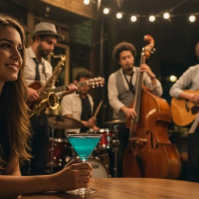 Frau im Kaffee mit Jazz Band