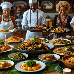 Köche stechen vor einem afrikanischen Buffet mit verschiedenen Speisen