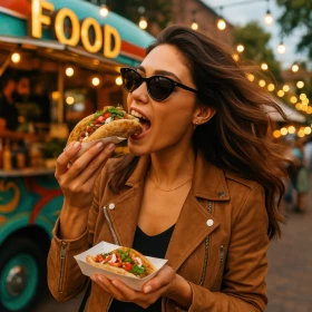 Frau beißt in einen gefüllten Tortilla auf einem Marktfest, im Hintergrund ein Foodtruck mit der Aufschrift "Food"