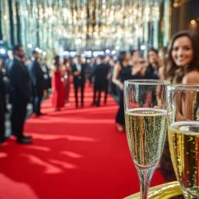Die Gäste mischen sich untereinander und posieren für Fotos auf einer rauschenden Party im Hollywood-Stil mit einem auffälligen roten Teppich und luxuriösem Champagner. Die Atmosphäre ist lebhaft und festlich.