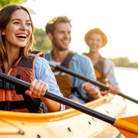 3 Personen fahren gemeinsam Kanu