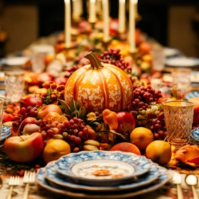festlich dekorierte Tafel mit Früchten und Kürbis