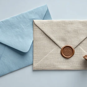 zwei Briefe in hellblau und weiß mit Wachssigel in Bronze