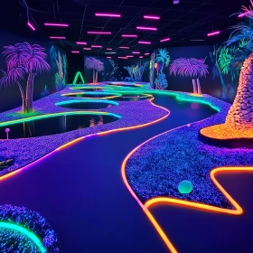 Der Minigolfplatz mit seinen lebhaften Farben und seinem künstlerischen Stil schafft einen modernen, einzigartigen Look, der mutig und stilvoll ist und eine starke Anziehungskraft ausübt. Schwarzlicht