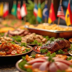 Buffet mit verschiedenen Speisen und Länderflaggen im Hintergrund