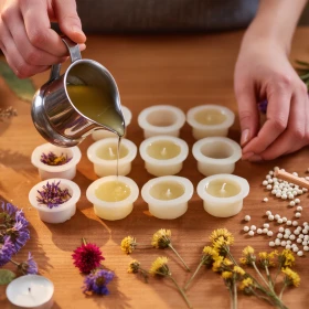 Kerzenwachs wird in kleine Teelichter eingefüllt und mit Blüten verziert