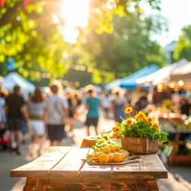 Sommerfest, Holztisch mit bunten Blumen, grüne Bäume und Sonne im Hintergrund