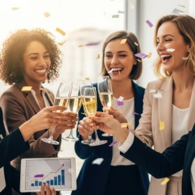 Businessmenschen stoßen mit Sekt an und feiern Jubiläum