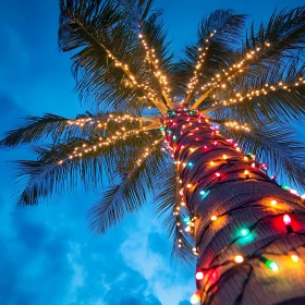 weihnachtlich dekorierte Palme mit bunter Lichterkette