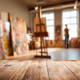 Kunstatelier, eine Staffelei in der Mitte, viele Leinwände an der Seite