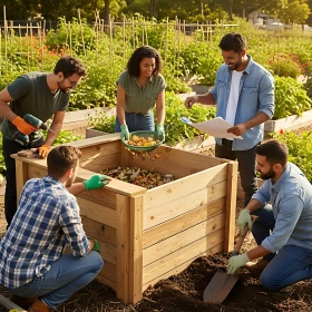 Gruppe von Menschen baut gemeinsam ein Hochbeet und bepflanzt es