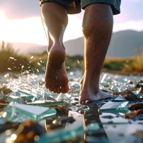 Mensch läuft über Glasscherben outdoor