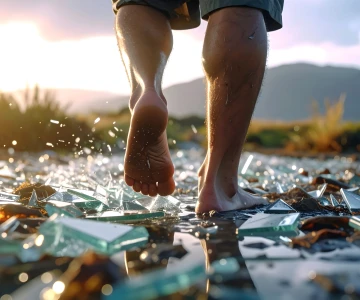 Mensch läuft über Glasscherben outdoor