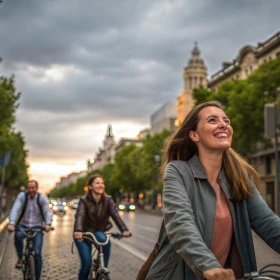 Frauen fahren auf dem Fahrrad gemeinsam durch eine Stadt