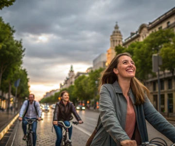 Frauen fahren auf dem Fahrrad gemeinsam durch eine Stadt