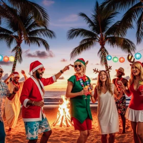 Menschen feiern in weihnachtlichen Kostümen unter Palmen