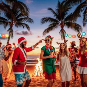 Menschen feiern in weihnachtlichen Kostümen unter Palmen