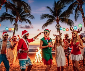 Menschen feiern in weihnachtlichen Kostümen unter Palmen