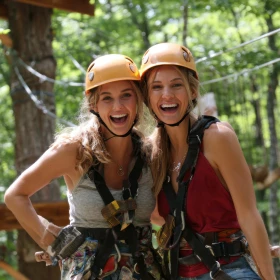 zwei Frauen mit orangenen Helmen und Kletterausrüstung lachen in die Kamera