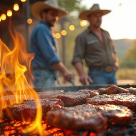 Zwei Männer mit Cowboyhüten grillen Fleisch über offenem Feuer