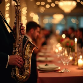 Saxophonist spielt zu einer Firmenfeier in einem Restaurant, lange festliche Tafel