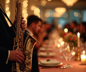 Saxophonist spielt zu einer Firmenfeier in einem Restaurant, lange festliche Tafel