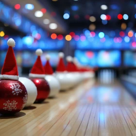 Bowlingbahn, rote und weiße Kugel mit Weihnachtsmützen liegen an der Seite