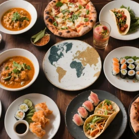 verschiedene Teller mit Essen aus der ganzen Welt