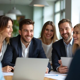 Meeting, mehrere Personen schauen auf einen Laptop