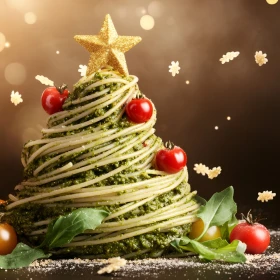 Nudeln in Form eines Tannenbaumes mit goldenem Stern und Tomaten als Dekoration