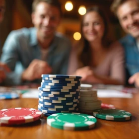 Drei Personen spielen Poker, Pokerchips in rot, blau, grün und weiß auf dem Tisch