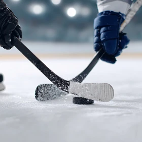 zwei Personen spielen gleichzeitig einen Puck beim Eishockey
