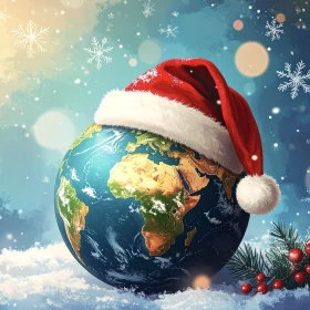 Weltkugel im Schnee mit Weihnachtsmütze