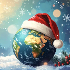 Weltkugel im Schnee mit Weihnachtsmütze