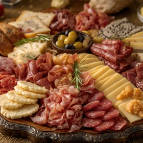 Antipasti-Teller mit verschiedenen Käse- und Wurstsaucen, Nüssen, Oliven