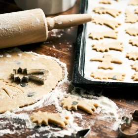 ausgerollter Teig, im Hintergrund ein Nudelholz, Sternschnuppen wurden mit einem Metallausstecher ausgestochen. Plätzchen liegen auf einem weißen Backpapier auf einem schwarzen Blech