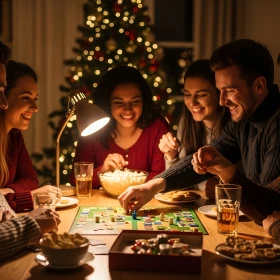 Gruppe spiel ein Brettspiel zu Weihnachten vor einem Weihnachtsbaum