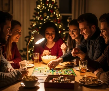 Gruppe spiel ein Brettspiel zu Weihnachten vor einem Weihnachtsbaum